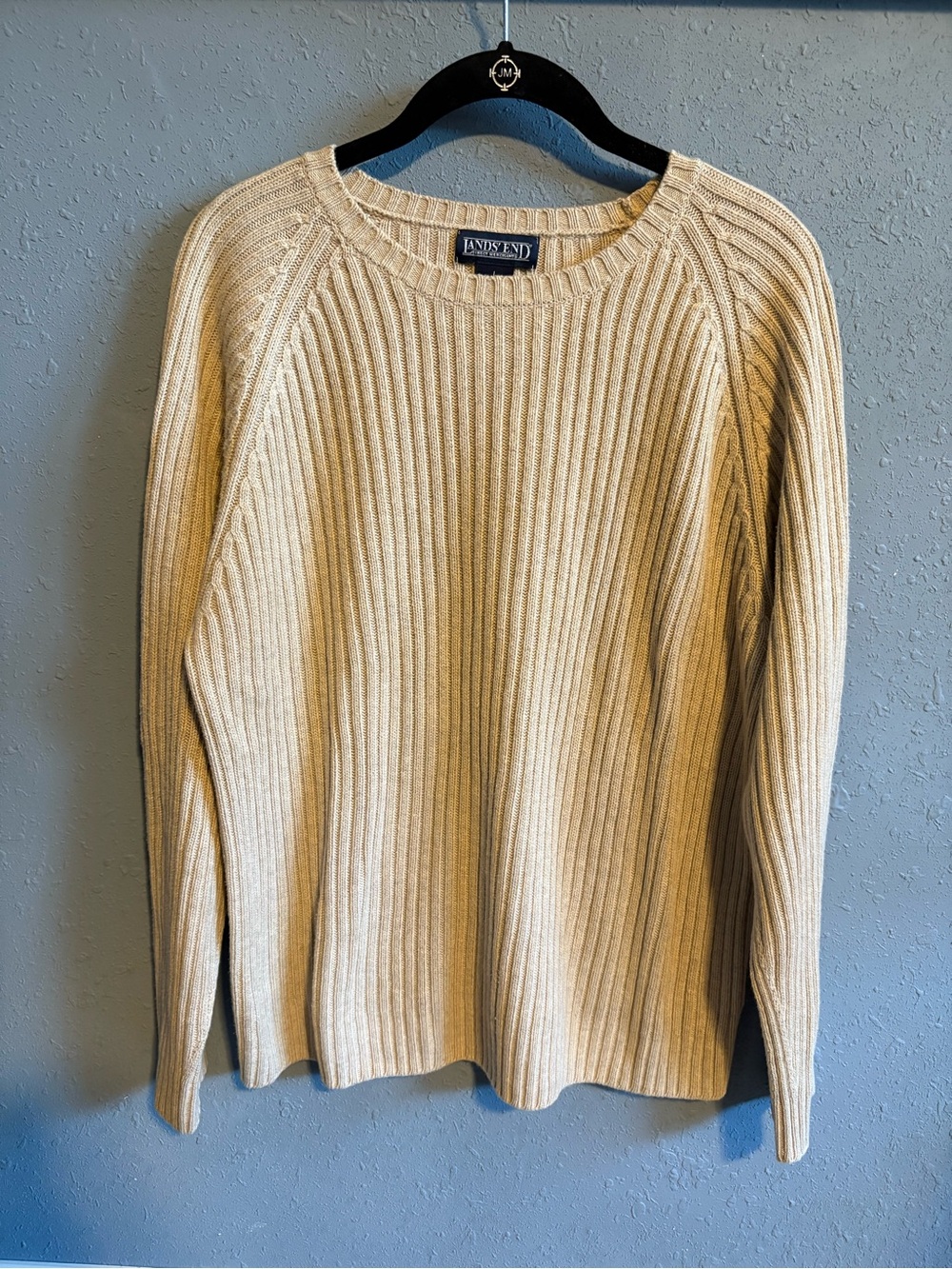 Vintage 80s/90s Lands' End Men's Cream Ribbed Crewneck Sweater- Made in USA